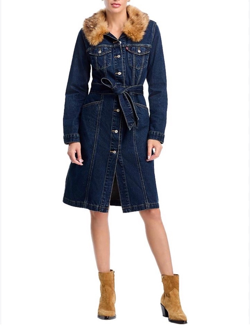 NEW LEVI’S Mob Wife Faux Fur Trim Belted Long Denim Jacket 100% COTTON SZ SMALL